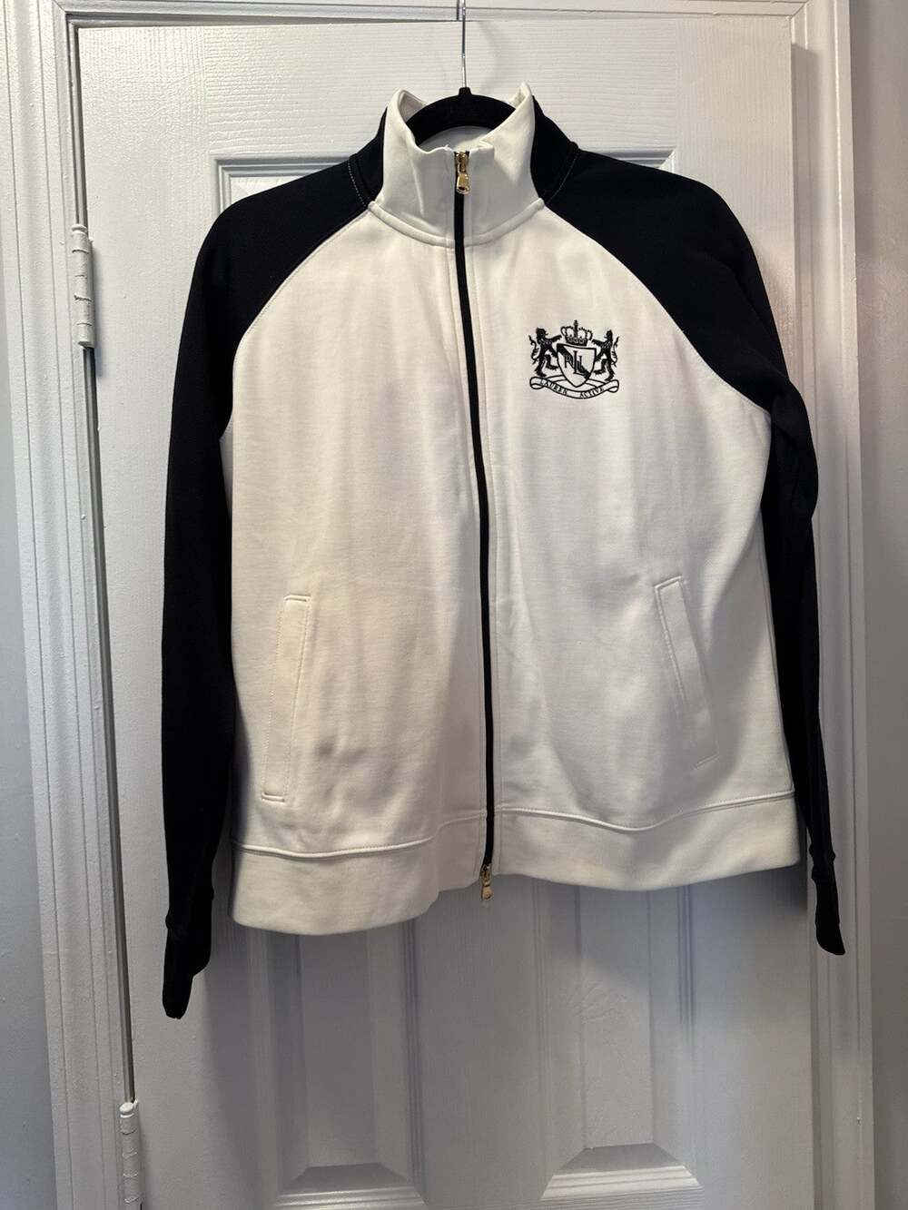Lauren Ralph Lauren Crest Track Jacket Cream Black Zip Up Preppy Old Money Y2K